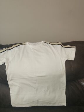 Men's White Crewneck Tee with Contrasting Shoulder Stripes